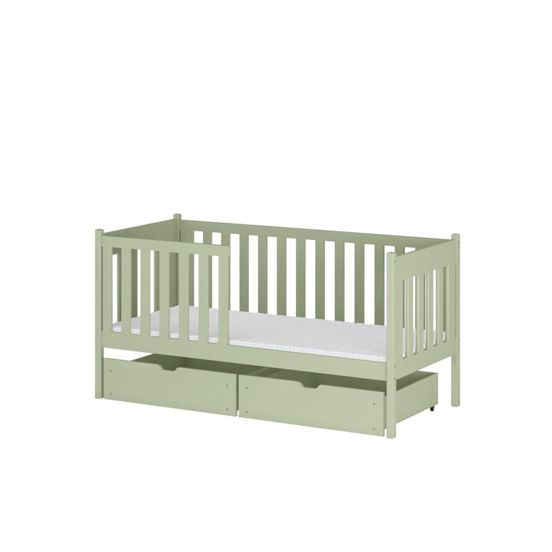 Wooden Single Bed with Storage 90x190cm - Safe Guardrail & Double Drawers, Olive