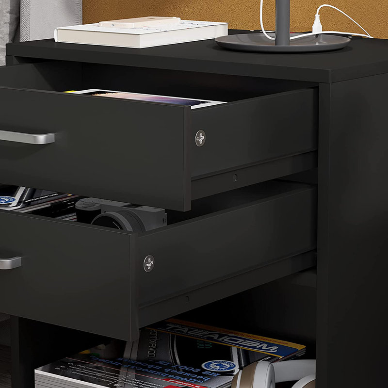 Tables de chevet avec station de charge et tiroirs, tables de chevet pour chambres, Noir