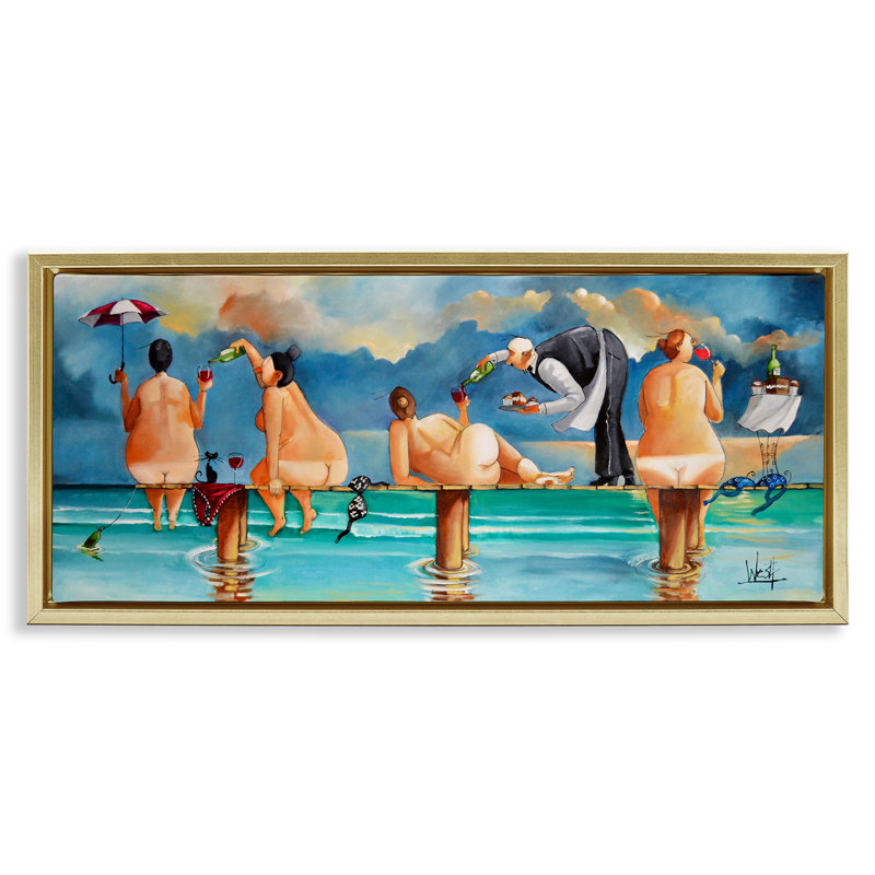 Dames nues s'amusant à la plage, H 11 po x l 25 po, Cadre flottant métallique doré