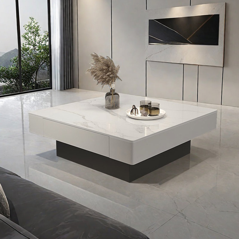 Table basse carrée en pierre de luxe italienne légère, H 13,8 po x L 31,5 po x l 31,5 po, Blanc