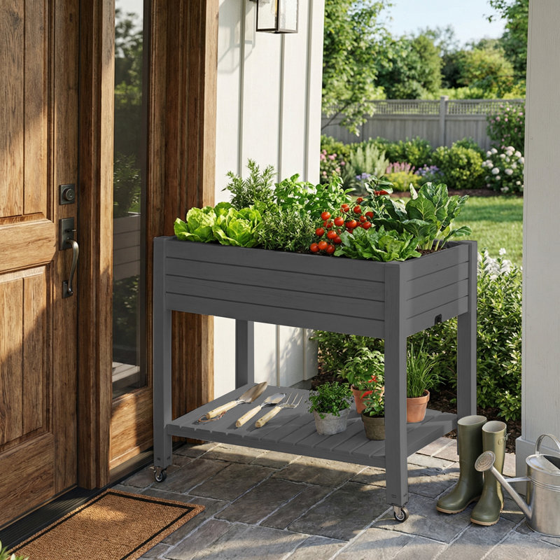 43.33"W Resin Raised Garden Bed With Wheels(Black), Black