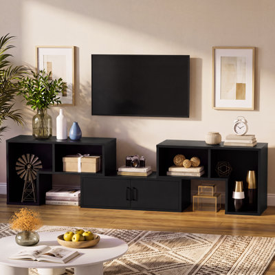 3-Piece Modular Media Console, Freestanding TV Stand with Open Shelves and Closed Cabinets, Customizable Storage Bookcase for up to 70" TVs, Black