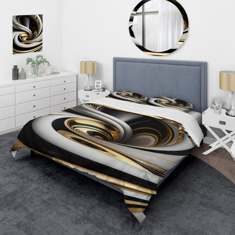 Vitrail doré noir et blanc - ensemble de housse de couette spirale moderne - polyester en microfibre