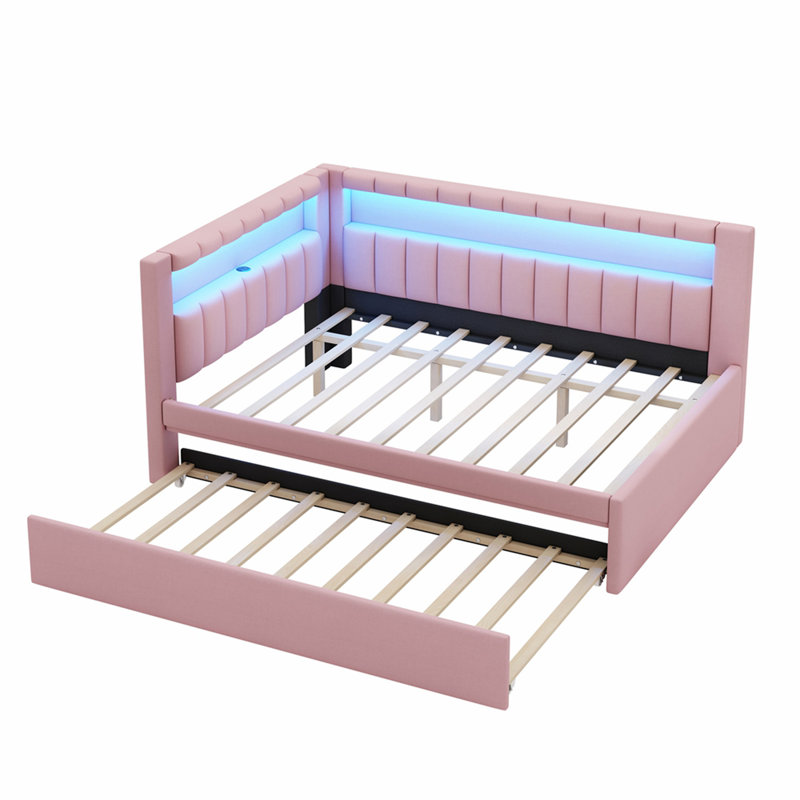 Lit plateforme tapissier pleine grandeur avec ports USB et ceinture à DEL, avec lit gigogne, rose, Double