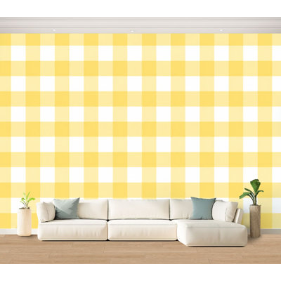 Wall Mural Peel and Stick Wallpaper Yellow White Checkered Gingham Design Self-Adhesive Removable Contact Paper Wall Decor for Living Room Bedroom 100"H x 144"W