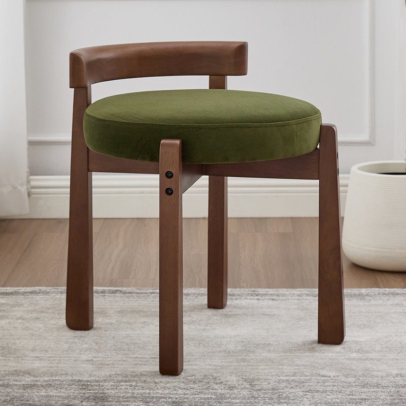 Upholstered Accent Stool With Low Back, Modern Vanity Chair For Bedroom/Living Room, Green/Walnut Velvet