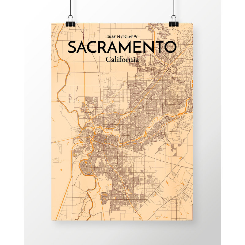 «Sacramento City Map», reproduction d'impression sur affiche en orange clair, H 24 po x l 18 po