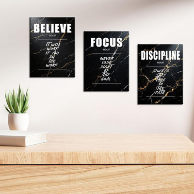 3 pièces, art mural sur toile, décoration de bureau moderne, Believe Focus, Discipline, citations, affiches, marbre encadré