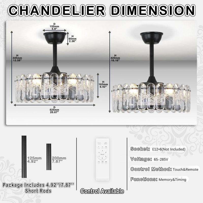 Black Caged Ceiling Fan With Light, Modern Chandelier Ceiling Fan With Lights Remote Control, Adjustable Crystal Fandelier 6 Speeds For Dining Room, Living Room