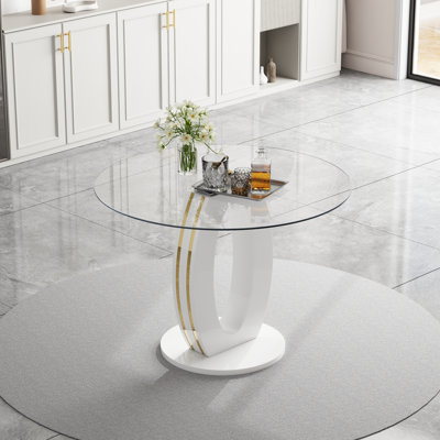 47.2'' Modern Luxury Clear Glass Round Dining Table for 4-6, Modern Kitchen Table with Tempered Glass Top & Stainless Steel Legs, Circle Dining Table for Home, Living Room, Apartment