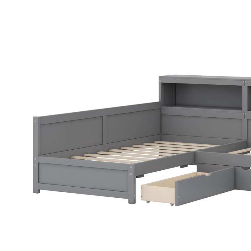 Lit plateforme simple en L en bois avec lit gigogne et tiroir, Gris