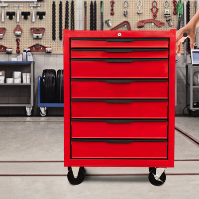 Armoire 7 outils à roulettes - Boîte en métal de grande capacité avec roues pour atelier, bureau, garage à coffre rouge, atelier