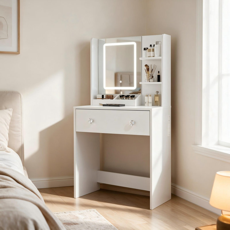 Meuble-lavabo moderne blanc 23,6 po avec miroir à DEL à intensité variable, station de charge intégrée, 2 grands tiroirs de rangement et 3 tablettes ouvertes, coiffeuse élégante avec boutons en cristal
