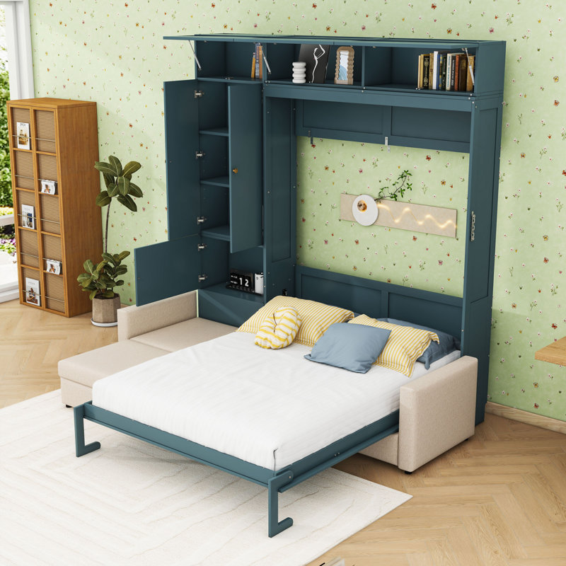 Grand lit escamotable avec canapé et tablettes, Beige
