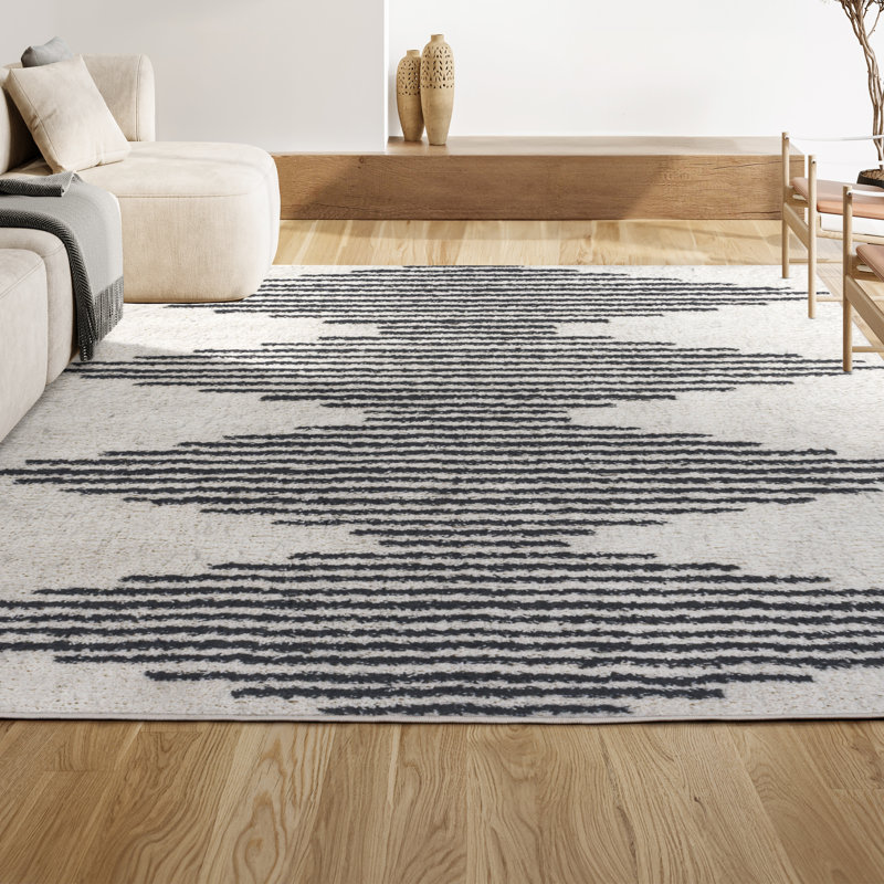 Tapis blanc / gris à poils longs à rayures géométriques Collenn, Rectangulaire 3 pi x 5 pi