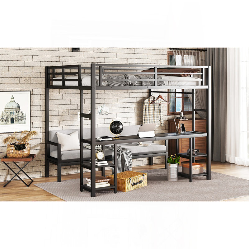 Queen Over Twin XL Metal Bunk Bed/Loft Bed With Desk And Shelves, Multiple Uses Folds Into Sofa With LED And USB, Black