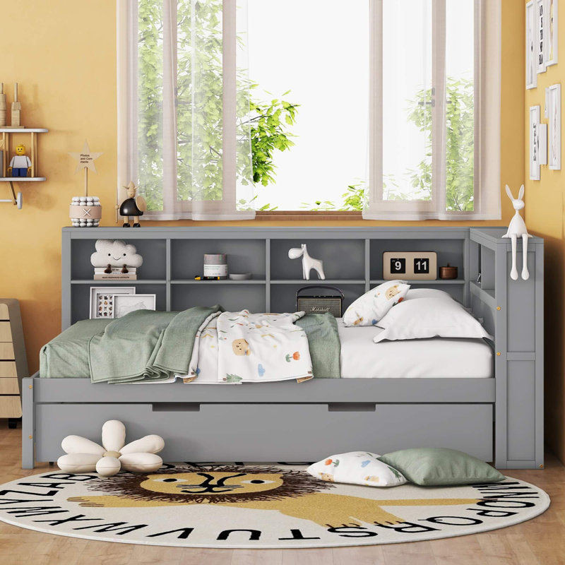 Wooden Full Size Daybed With Twin Trundle, Storage Shelf & USB Charging Ports, Gray, Full/Double