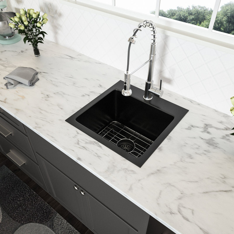 15*15*9" Drop In Kitchen Sink Gunmetal Black Topmount 16 Gauge Deep Single Bowl Stainless Steel Sink Basin