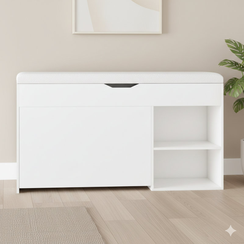 Banc d'entrée avec rangement pour chaussures intégré, comprend trois tiroirs rabattables réglables et une armoire dissimulée, un rangement peu encombrant avec trois fonctions de rangement et un design moderne, pour les couloirs et les salons, avec finition blanche