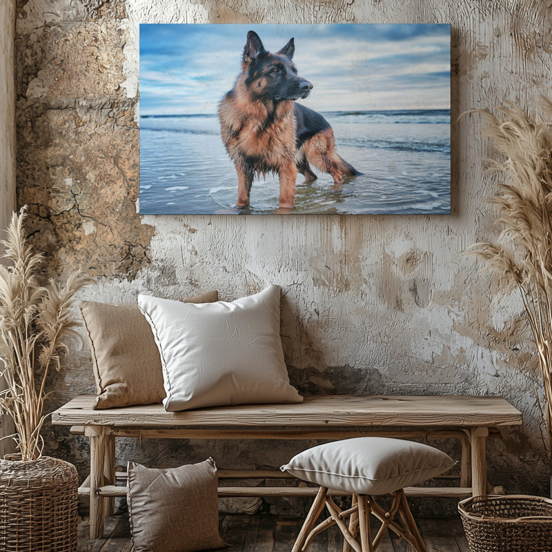 Reproduction d'art sur toile de berger allemand debout dans l'eau de plage, impression sur toile pour le salon, la chambre à coucher, le bureau, le couloir, le vestibule, le mur de la galerie et la décoration intérieure moderne