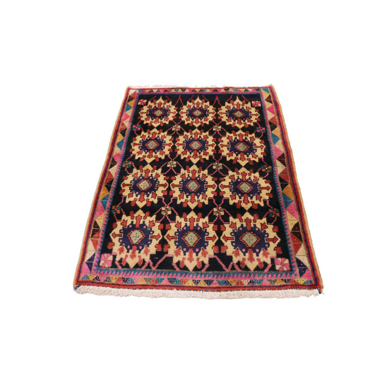 Tapis unique en laine noué à la main beige, rouge et noir des années 1980 de 3 pi 2 po x 4 pi 9 po