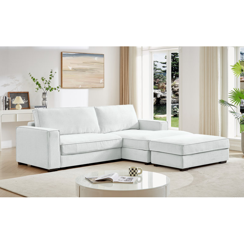 Upholstered Sectional Sofa with Removable Ottoman, White 100% Linen
