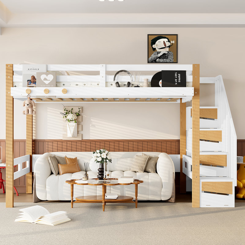 Lit mezzanine en bois avec étagères, escalier de rangement et patères., Lit simple, Blanc