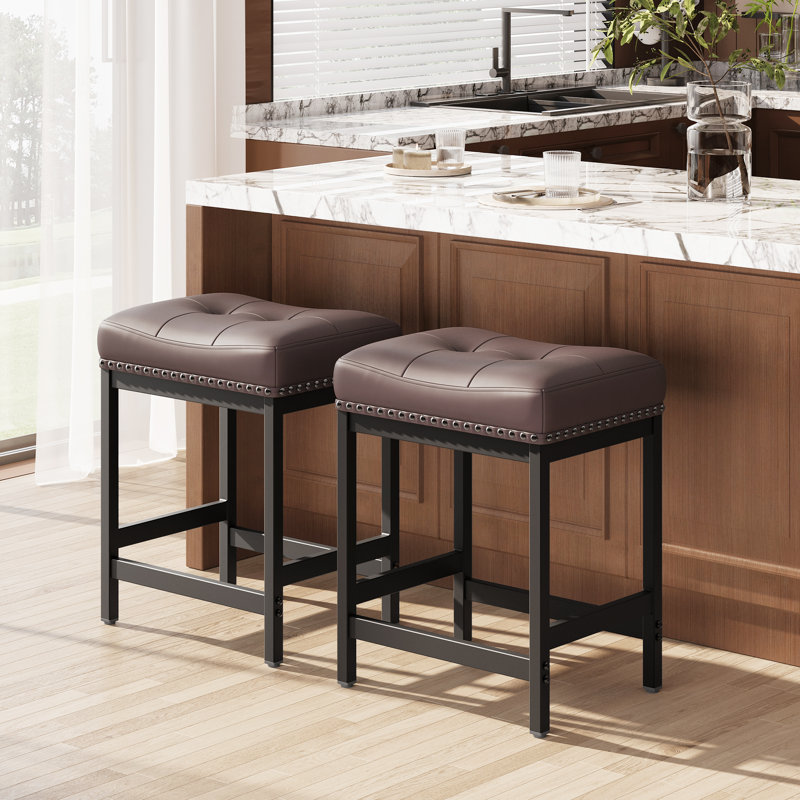 Modern Upholstered Counter Stools with Thick Wide Cushion, Brown, 2