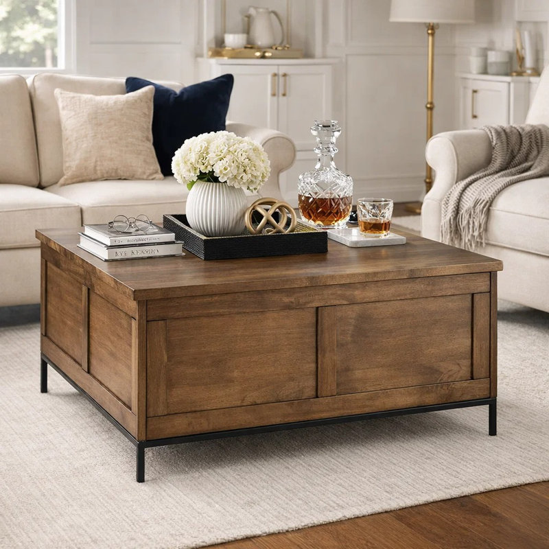 Table basse Tory, plateau relevable carré brun de 36 pouces, pieds en acier noir
