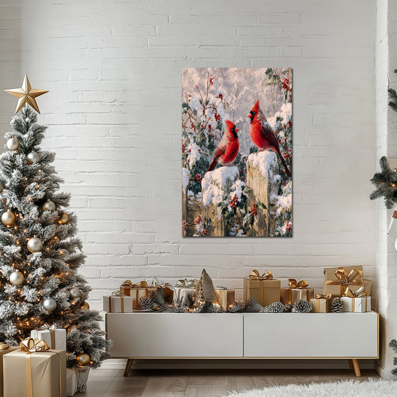 Cardinal Winter Wall Art - décorations murales photos de Noël, art de Noël oiseau rétro, peintures murales sur toile des Fêtes pour le salon, impressions sur toile tendue encadrées, 24 po x 32 po