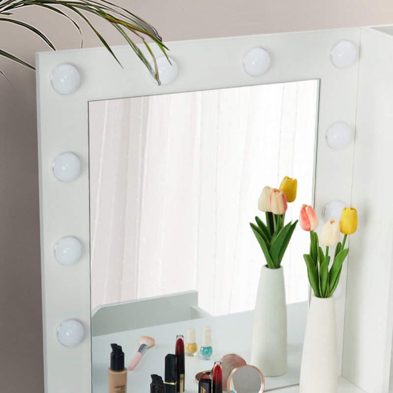 Coiffeuse de 35 po avec miroir à DEL et prise de courant intégrée, meuble-lavabo à 4 tiroirs avec 3 tons de lumière réglables pour la chambre à coucher et le studio de maquillage professionnel