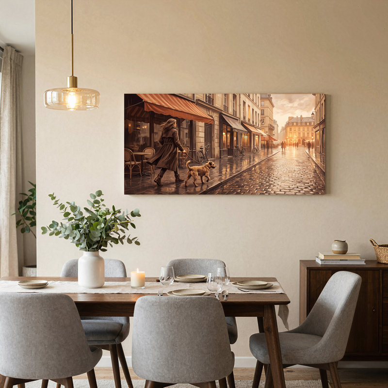«Woman Walking Dog on Wet Cobblestone Street», art mural, L 58 po x H 28 po