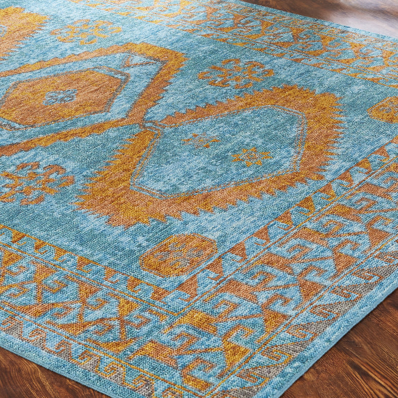 Tribal Elegance Orange/Rust/Grey Hand-Knotted Wool Area Rug, Rectangle 6' x 9', Blue