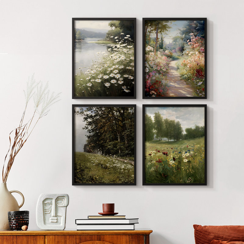 «Vintage Floral Print», impression encadrée CCXCVII - ensemble de 4, Noir, H 32 po x l 10 po