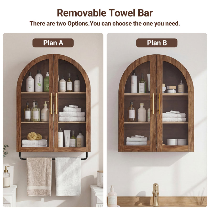 Modern Arched Wall Mounted Storage Cabinet with Glass Doors, Wooden Display Cabinet with 2 Shelves for Laundry Room,Living Room,Kitchen, 23.62" W x 9.45" D x 34.65" H
