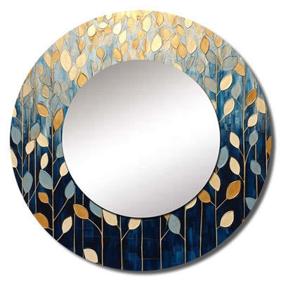 Sharod Gold And Blue Leaves Scenery Minimalism - Leaves Decorative Wall Mirror, Gold Large Mirror, Printed Metal Art