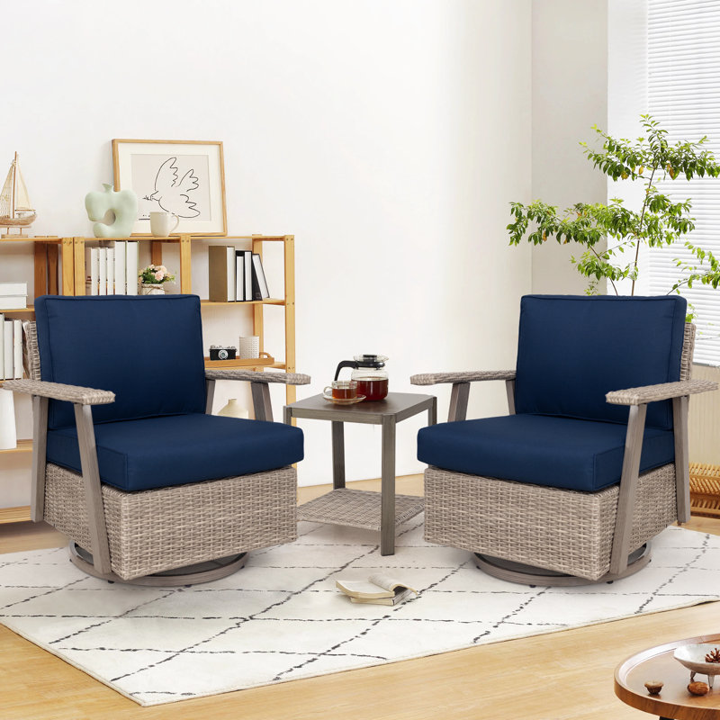 Arusha Antilles Howton 3-Piece 360-Degree Oversized Resin Wicker Outdoor Swivel Rocker Patio Chairs Set, Navy Blue