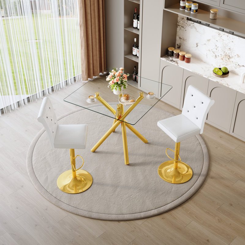 Ensemble de 2 tables de bar et tabourets de bar réglables en verre Modern, Blanc, Doré