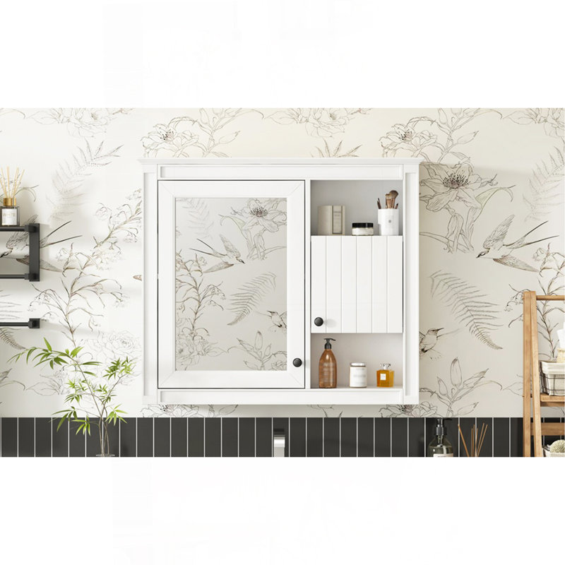 Armoire de salle de bain murale 32 po avec miroir, armoire à pharmacie murale avec 3 tablettes, armoire de rangement avec porte à miroir, blanc