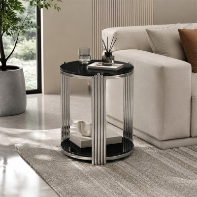 Table d'appoint ronde de 16,90 pouces avec cadre double en verre trempé noir et cadre en acier inoxydable argenté facile à assembler pour le salon de la chambre à coucher