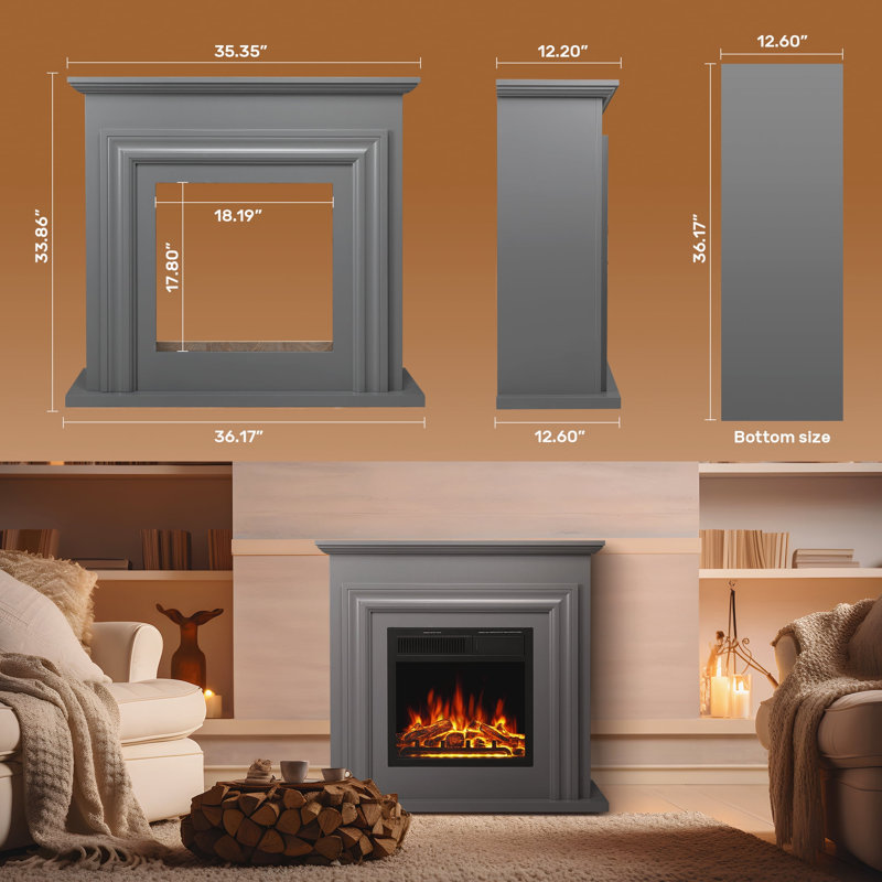  36.15" TV Stand with Independent Electric Fireplace. Remote Control, Five Flame Brightness, Gray