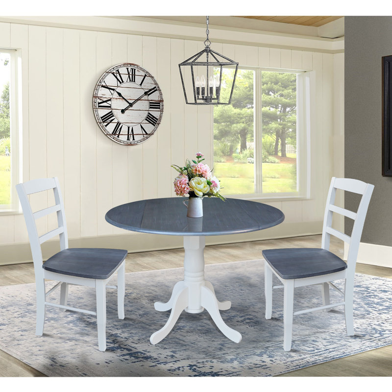 Gannie 3 - Piece Drop Leaf Solid Wood Dining Set, Heather Gray/White