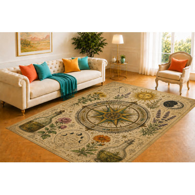 Tapis de boussole alchimique de 5 pi x 7 pi, bouteille de lune de soleil et charte botanique «Ultra Léger», housse de sol à imprimé lisse pour bureau, bibliothèque, bureau et décoration mystique