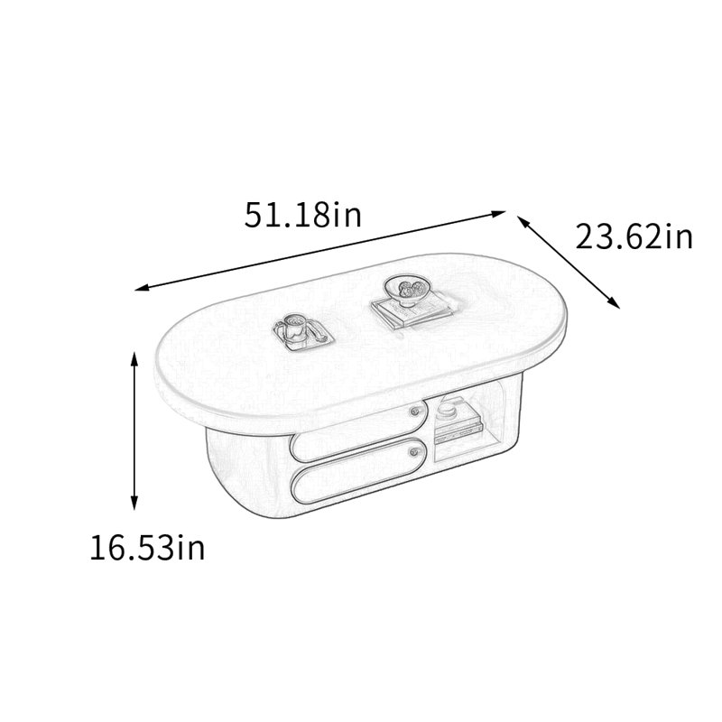 Table basse moderne ovale en bois avec 2 tiroirs, H 16,53 po x L 51,18 po x l 23,62 po