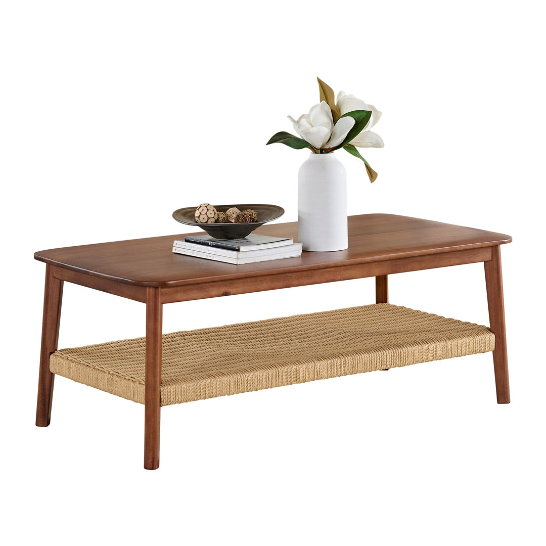 Alisma Coffee Table - Calais Collection 48-Inch Living Room Table with Woven Shelf - Solid Acacia Wood Coffee Table (Warm Chestnut) Bay Isle Home™