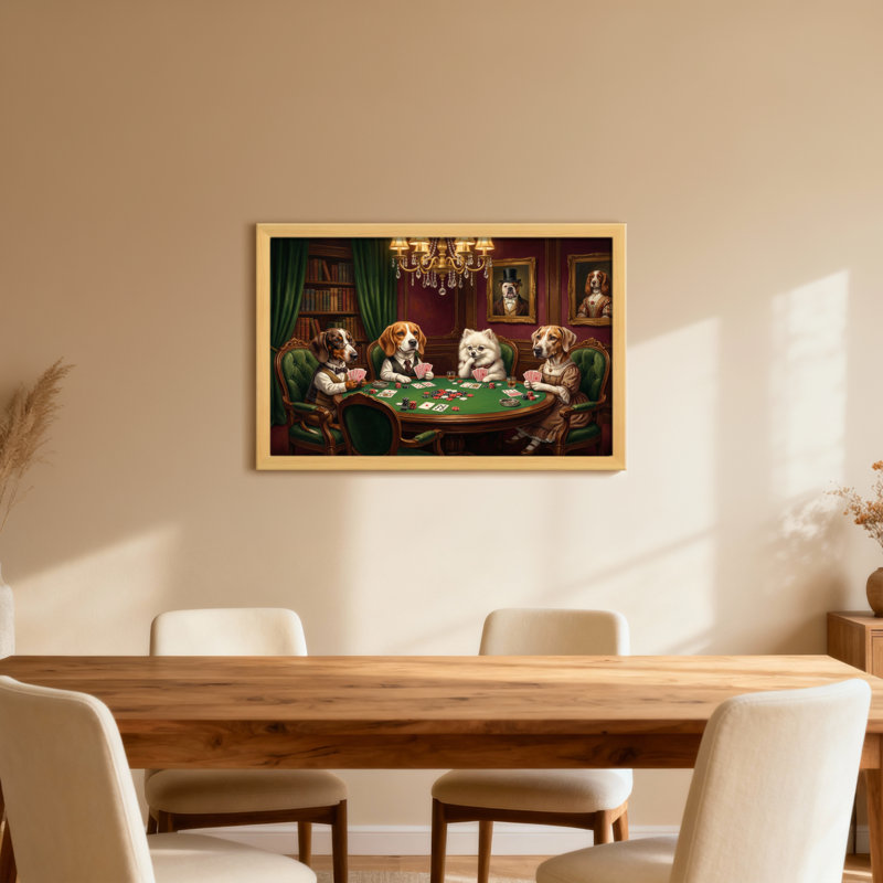 Chiens de mode jouant au poker dans une pièce élégante, 12" H x 18" W, Framed Print without Mat, Grain de bois clair