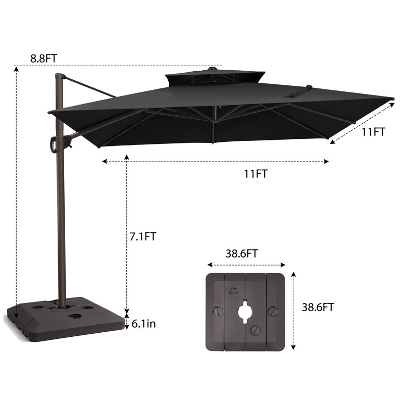 Parasol carré en porte-à-faux 128 po, base lestée incluse, Noir