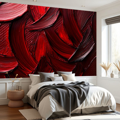 Wall Mural Peel and Stick Wallpaper Red Textured Solid Color Decorative Swirls Thick Brushstrokes Layered Self-Adhesive Removable Contact Paper Wall Decor for Living Room Bedroom 69"H x 96"W