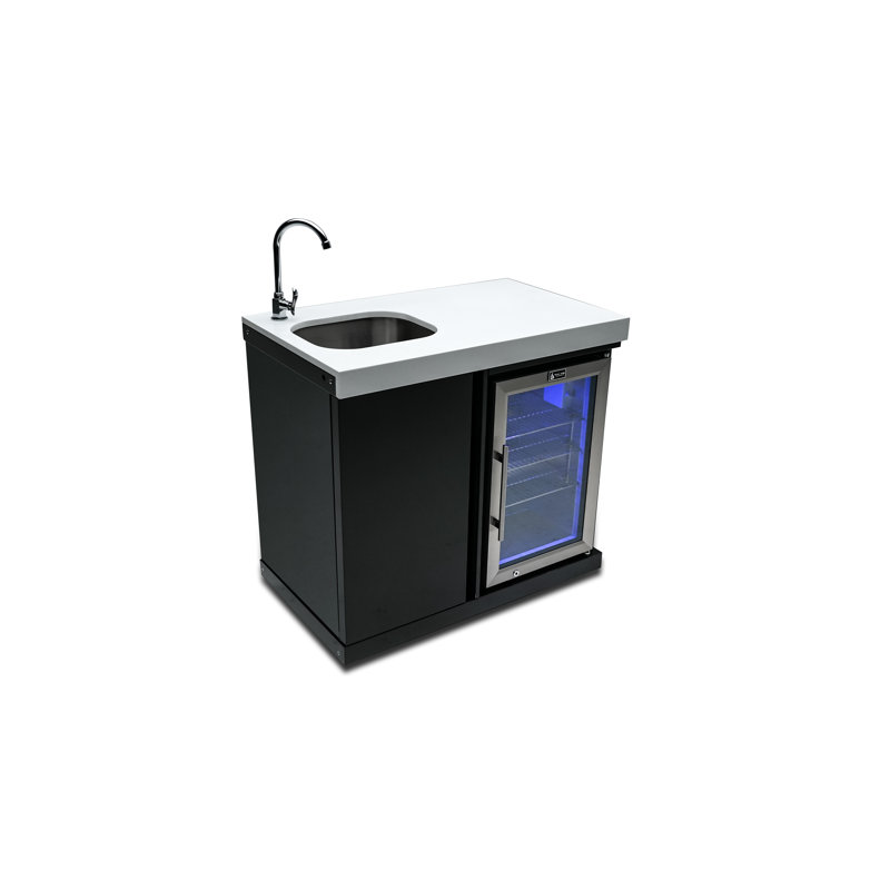 Mont Alpi MASF-SS Stainless Steel Beverage Center Cabinet Module + 2.7 Cubic Feet Wine Cooler Outdoor Rated Temperature Adjustable Compact Lockable Refrigerator + Faucet & Sink