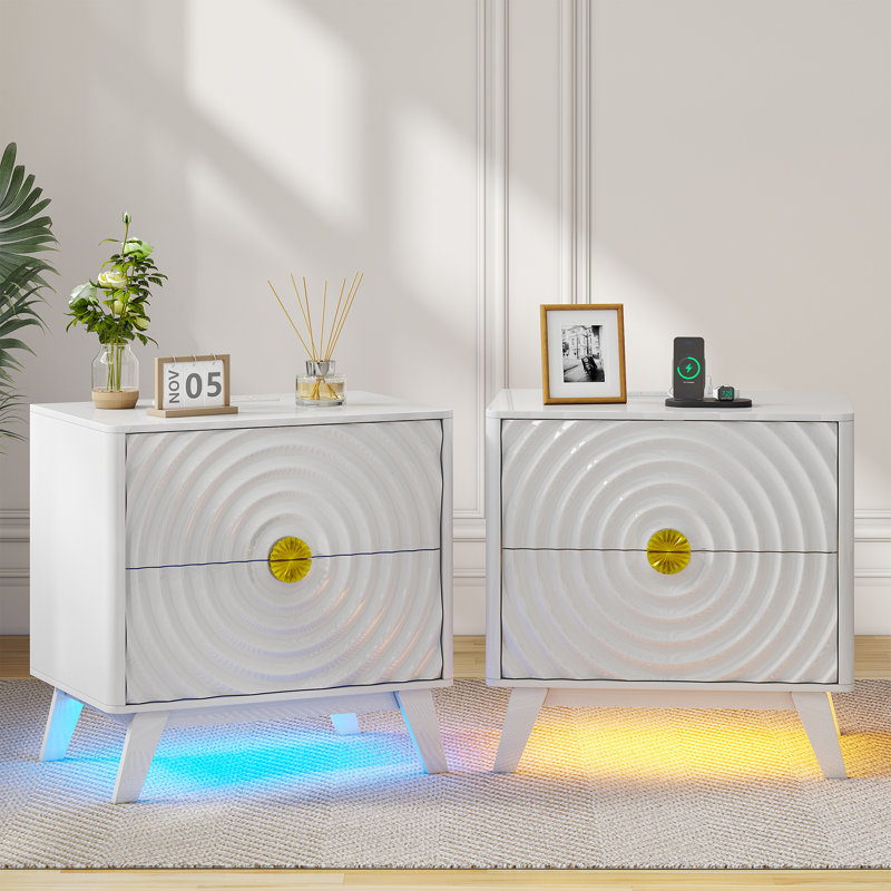 2-Drawer Bedside Table With Built-In Outlets And Human Sensor Light, White